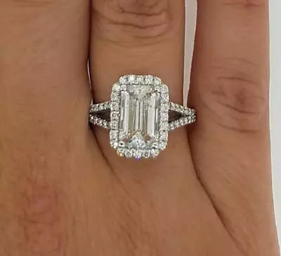 3 Ct Halo Split Shank Emerald Cut Diamond Engagement Ring SI2 D White Gold 18k • $4145