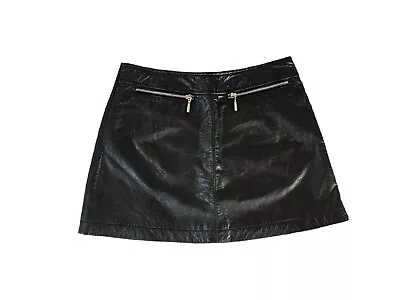 Vintage MS. MAXIMA Black Leather Micro Mini Skirt Zipper Pockets Punk Grunge 4 • $35