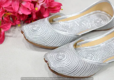 US Ladies Zari Work Mojari Punjabi Handmade Khussa Bridal Silver Jutti HH431 • $44