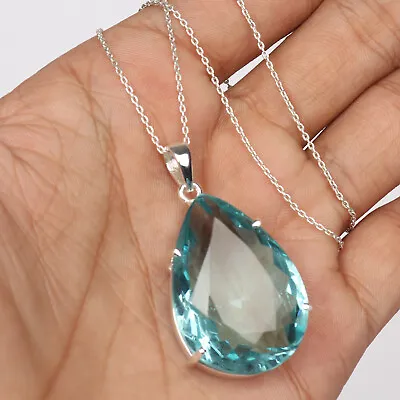 55 Ct. Pear Cut Blue Aquamarine Gemstone Silver Pendant 925 Sterling For Gift • $56