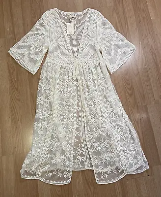 NWT Mia Joy Joyfolie Ivory Cream Floral Sheer Lace Tie Front Kimono Duster M/L • $69.99