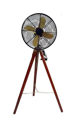 Brass Antique Pedestal Floor Fan Vintage Style With Wooden Tripod Stand Decor • $177.91