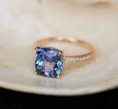 2 Ct Cushion Cut Lab Created Tanzanite Engagement Ring 14k Yellow Gold Plated • $70