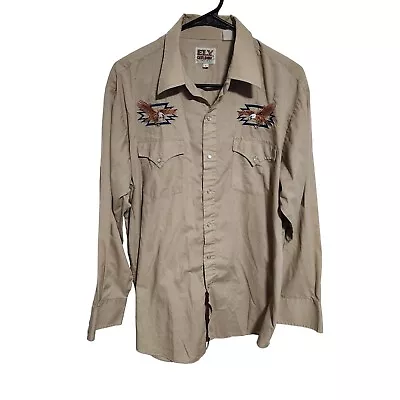 Ely Cattleman Pearl Snap Western Shirt Mens Large Embroidered Eagles Cowboy Tan • $41.24