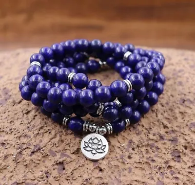 108 Mala Beads Lapis Lazuli Stone Beaded Lotus Pendant Necklace For Healing • $15.90