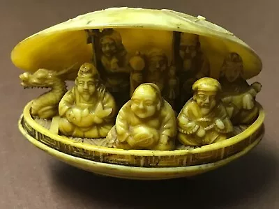 Japanese Netsuke Style Diorama Carved Clamshell 7 Lucky Gods With Dragon • $29