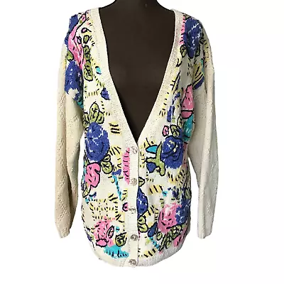 Vintage Hand Knit Cambridge Dry Goods Abstract Flower Cardigan SZ M • $18