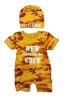 Little Man New To The Crew Orange Camo Bodysuit With Cap • $6.99