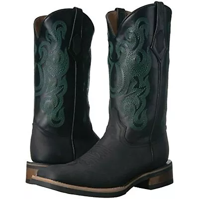 NEW Ferrini MEN'S MAVERICK Square Toe BLACK BOOTS GREEN STITCHING SIZE 12-MED • $69.95