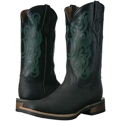 NEW Ferrini MEN'S MAVERICK Square Toe BLACK BOOTS GREEN STITCHING SIZE 8-D • $69.95