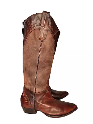 MISS SIXTY Brown Leather & Canvas Tall Boots Y2K VTG Boots Western Size 41 - 10 • $238