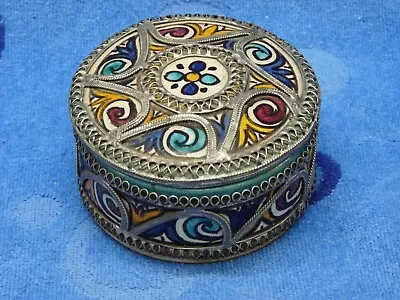 Moroccan Trinket Jewelry Box Ceramic W/Silver Plate Filigree Overlay Hand-Made • $59