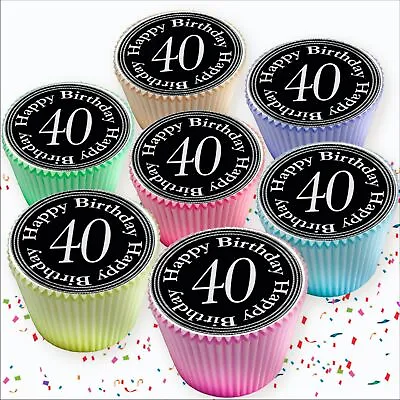 40th Age 40 Birthday Black Edible Cupcake Toppers Premium Decorations 7143 • £2.99