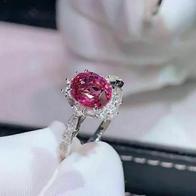 2Ct Oval Lab Created Pink Sapphire Halo Engagement Ring 14k White Gold Plated • $160