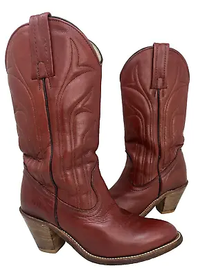 Frye Vintage Womens Leather Heeled Cowboy Boots Red Maroon Sz 6.5 B USA Mid Calf • $79.95