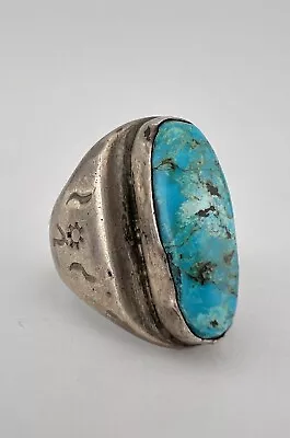 Vtg Navajo Sterling Silver Natural Blue Gem Turquoise Stamped Men's Ring - 18.8g • $125