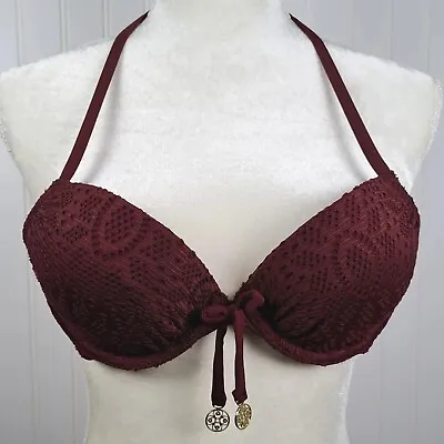 H&M Bikini Swim Top Womens 32B Maroon Lace Halter Push Up Underwire Gold Detail • $5.98