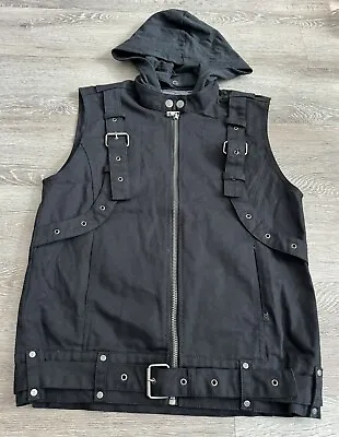 Tripp NYC Black Denim Zip Up Vest Straps & Buckles Men's Size Small Goth Grunge • $54.99