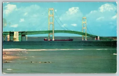 Postcard MI The Mackinac Bridge - Mighty Mac Upper Peninsula Michigan Freighter • $4.45