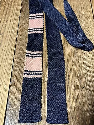 Mid Century Skinny Square Knit Rayon/silk Tie Navy Blue Pink 53” • $20