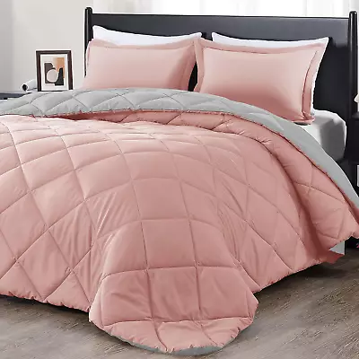 Queen Comforter Set - Pink And Grey Queen Comforter Soft Bedding Sets For All S • $59.99