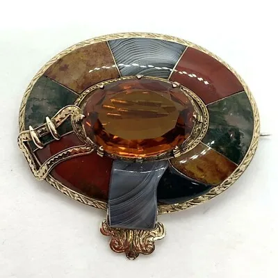 Victorian 9k Gold Scottish Buckle Bloodstone Citrine Agate Pebble Brooch Pendant • £1852.36