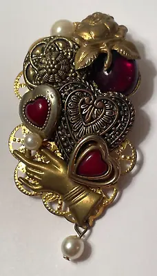 Vintage Brooch Art Red Hearts & Brass-Tone Faux Pearls Filigree Jewelry #128 • $16.95