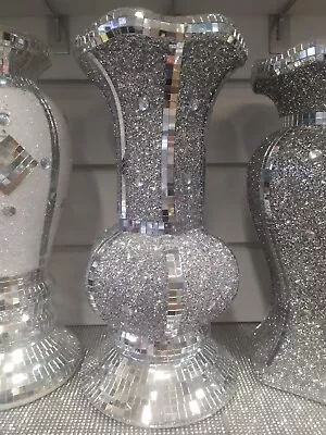 £19.99 • Buy 30Cm Sparkle Diamond Crushed Crystal Sparkly Silver Mirrored Floor Vase Style056