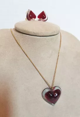 Vintage Lucite Deep Red Heart Necklace Pendant Two Layers & Matching Earings  • $55