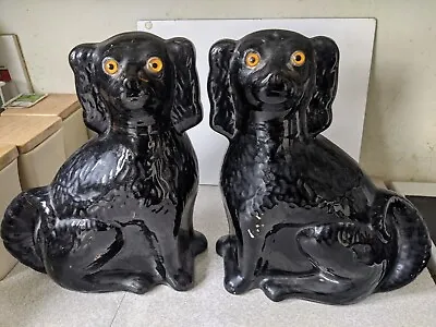 Antique / Vintage Pair Black Wally Dogs / Staffordshire Dogs - Glass Eyes • £120