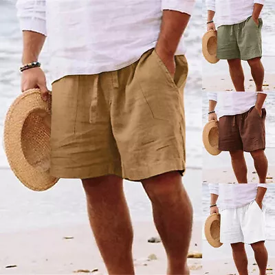 Mens Summer Casual Cotton Linen Lace Up Shorts Solid Pocket Loose Short Pants US • $13.76