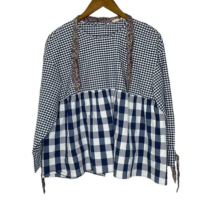 Zara Trafaluc Blue White Checkered Plaid Neck Tie  Long Sleeve Top Size XL Women • $15.75