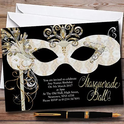 White & Gold Masquerade Ball Personalised Party Invitations • £89.95