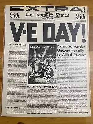 Vintage Newspaper Headline~world War 2 Germany Surrenders V-e Day Wwii 1945 • $14.49