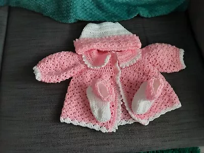 A New Hand Crochet Baby Girl Cardigan Hat And Bootee Set Pink & White 3 -6... • £7.50