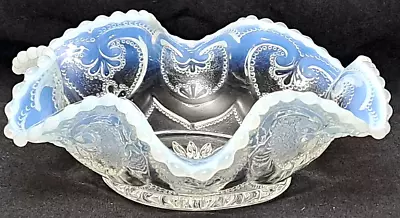 Antique 1905 Jeweled Heart Dugan Ruffled Opalescent Glass Candy Trinket Bowl • $36.99