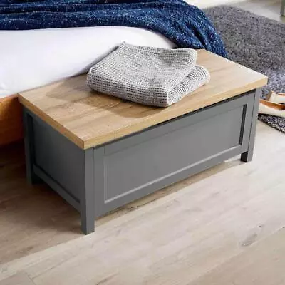 Ottoman Storage Chest Dark Grey Oak Toy Chest Blanket Bedding Box Safety Hinge • £67.99