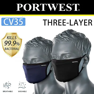 PORTWEST 3 Layer Fabric Face Mask Anti Microbial Soft Reusable Washable CV35 CV3 • $9.79
