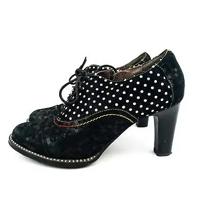 £4.99 • Buy Pavers Black White Polka Dot Lace Up Heeled Oxford Boots - UK 5