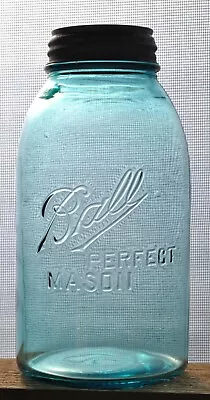 Vintage 1913~1922 BALL PERFECT MASON BLUE 1/2 HALF~GALLON Canning Jar ~ OFFSET • $45