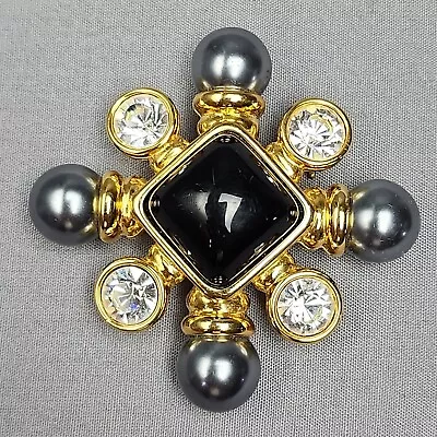 Vintage Joan Rivers Black Cabochon Rhinestone Maltese Cross Pendant Brooch Gold • $38