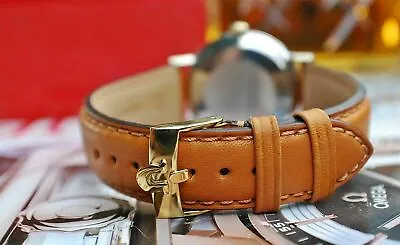 OMEGA GOLD OR SILVER PLATED BUCKLE ON 18mm TAN LEATHER WATCH STRAP-NEW! • £34.99