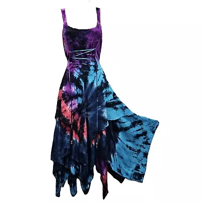 Tie Dye Dress Soft Viscose Bohemian Corset Festival Pixie Hem One Size 18 20 22 • £29.99