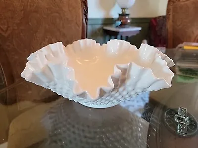 12  Large Rare Fenton Milk Glass Hobnail Fruit Bowl W/ Ruffled Edge Low Pedestal • $50