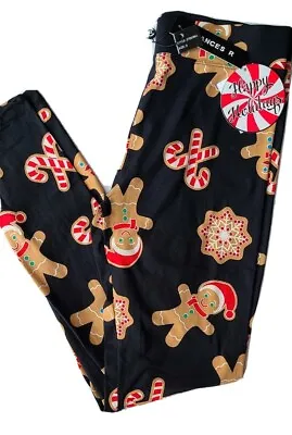 Womens Holiday Leggings Gingerbread Man Cookies Candy Cane Mustache Black S L XL • $19.99