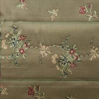 Vintage Olive French Stripe Floral Cotton Upholstery Fabric 50  B/T Yard • $52