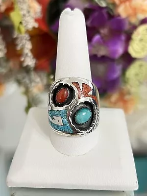 Sterling Silver Men’s Native American Turquoise Coral Inlay Ring Signed SC • $159.99