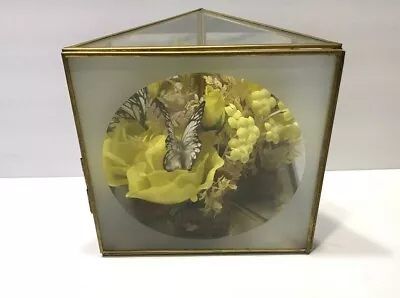 Vintage Brass & Glass Mirror  Display Case W/ Butterfly & Flowers W/Door & Latch • $11.99