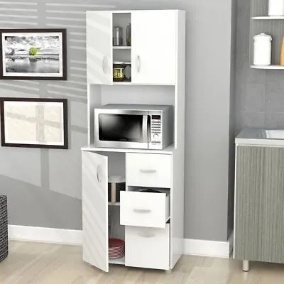 White Wooden Microwave Storage Cabinet Kitchen Utility Hutch Shelves Cupboard • $362.90