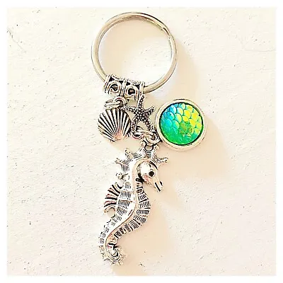Ocean Inspired Seahorse & Sea Green Mermaid Tail Silver Keychain Gift • $16
